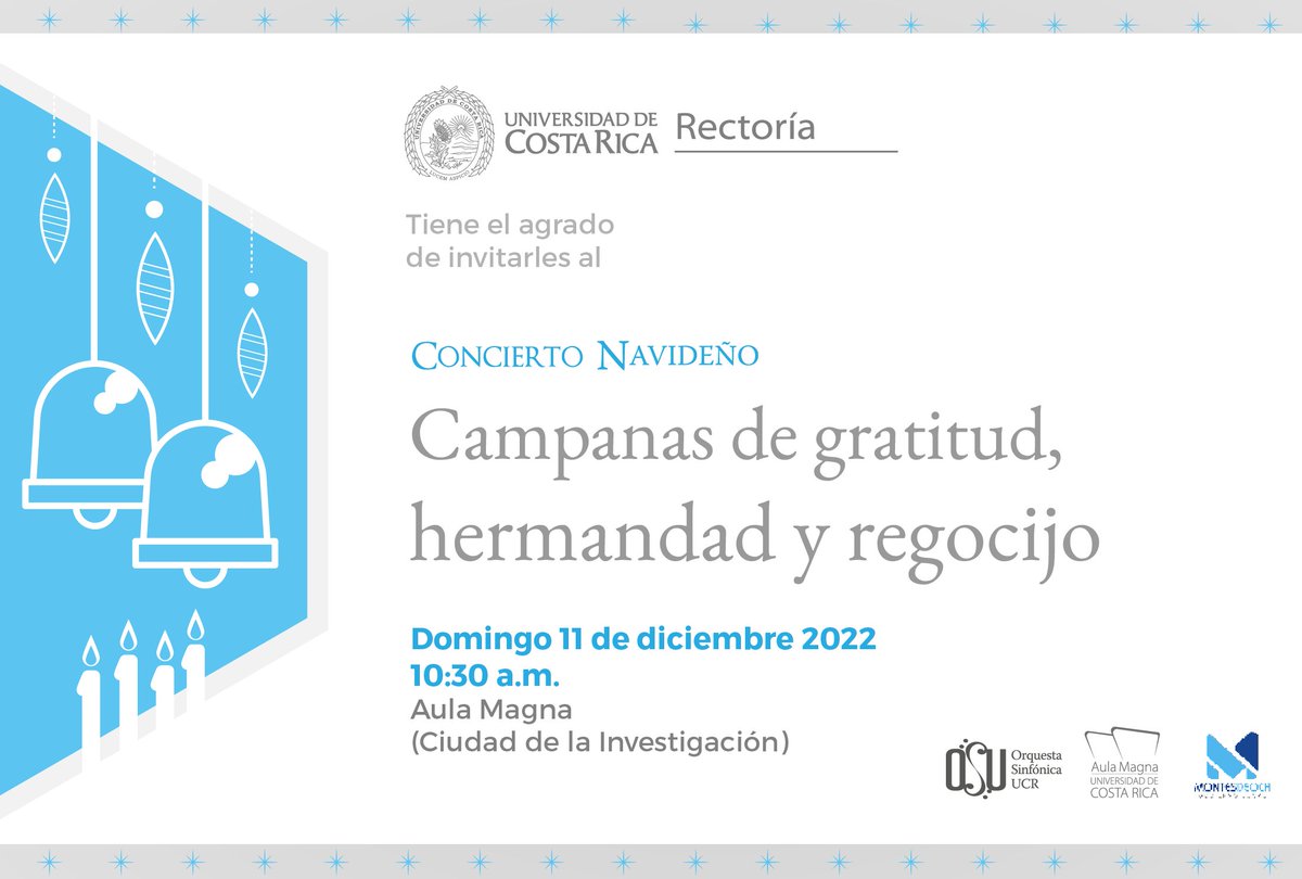 Invitación: concierto navideño "Campanas de gratitud, hermandad y regocijo", a cargo de la Orquesta Sinfónica de la <a href="/UniversidadCR/">UCR</a>
Domingo 11 de diciembre, 10:10 am, Aula Magna (ingreso vehicular por Lanamme-UCR)
Entrada gratuita y sin reservar; cupo limitado.
CC. <a href="/GobMontesDeOca/">Gobierno Local de Montes de Oca</a>