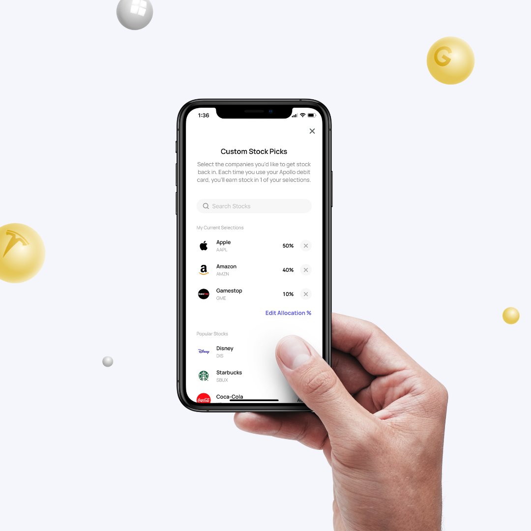 ApolloCard's tweet photo. Build a diversified portfolio with Apollo in 3 easy steps:

1. Choose a few of your favorite stocks and decide the % of your rewards you want invested in each stock
2. Pay with your Apollo debit card to earn stock back
3. Watch your investments grow

Link in bio. https://t.co/S3gfGbvYvF