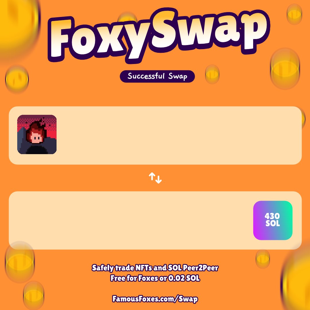 New swap completed! <a href="/FamousFoxFed/">Famous Fox Federation 🦊🟠</a> #FamousFoxes
Use FoxySwap for secure P2P swaps.