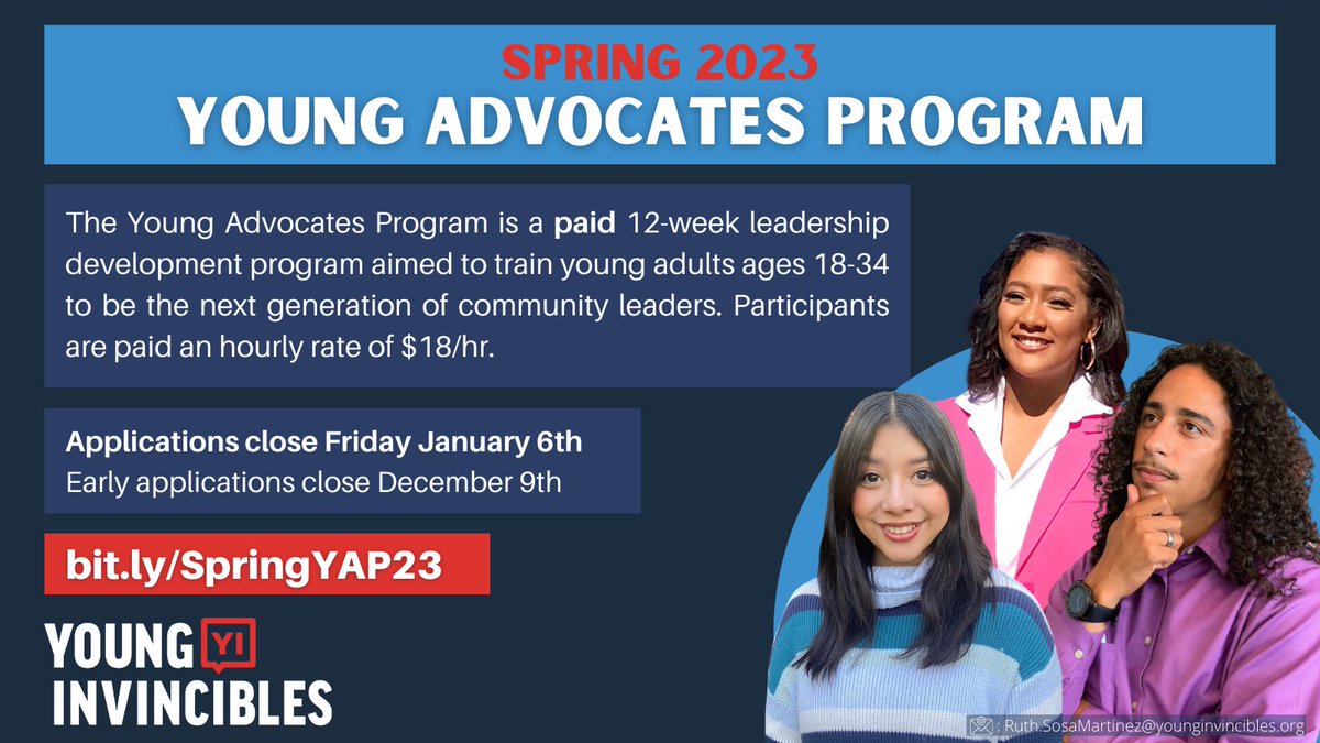 YoungInvincible's tweet photo. Are you passionate about making change in your community but don't know how? Apply for #YIWest's Young Advocates Program to learn more about how to become an advocate &amp; leader in your community to bring about the positive change you'd like to see!
Apply: https://t.co/FNhAmfgPvF https://t.co/ovJ2FF2bnI
