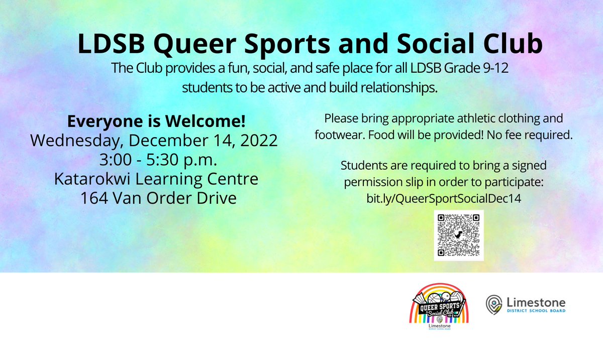 Looking forward to hosting the first-ever LDSB Queer Sports &amp; Social Club QSSC for all LDSB Secondary Students at <a href="/KatarokwiLC/">Katarokwi Learning Centre</a> <a href="/LCE_LDSB/">Community Education</a> <a href="/LDSBVirtualSec/">@LDSBVirtualSec</a> after school. 164 Van Order Drive. For more information, please visit the site below.