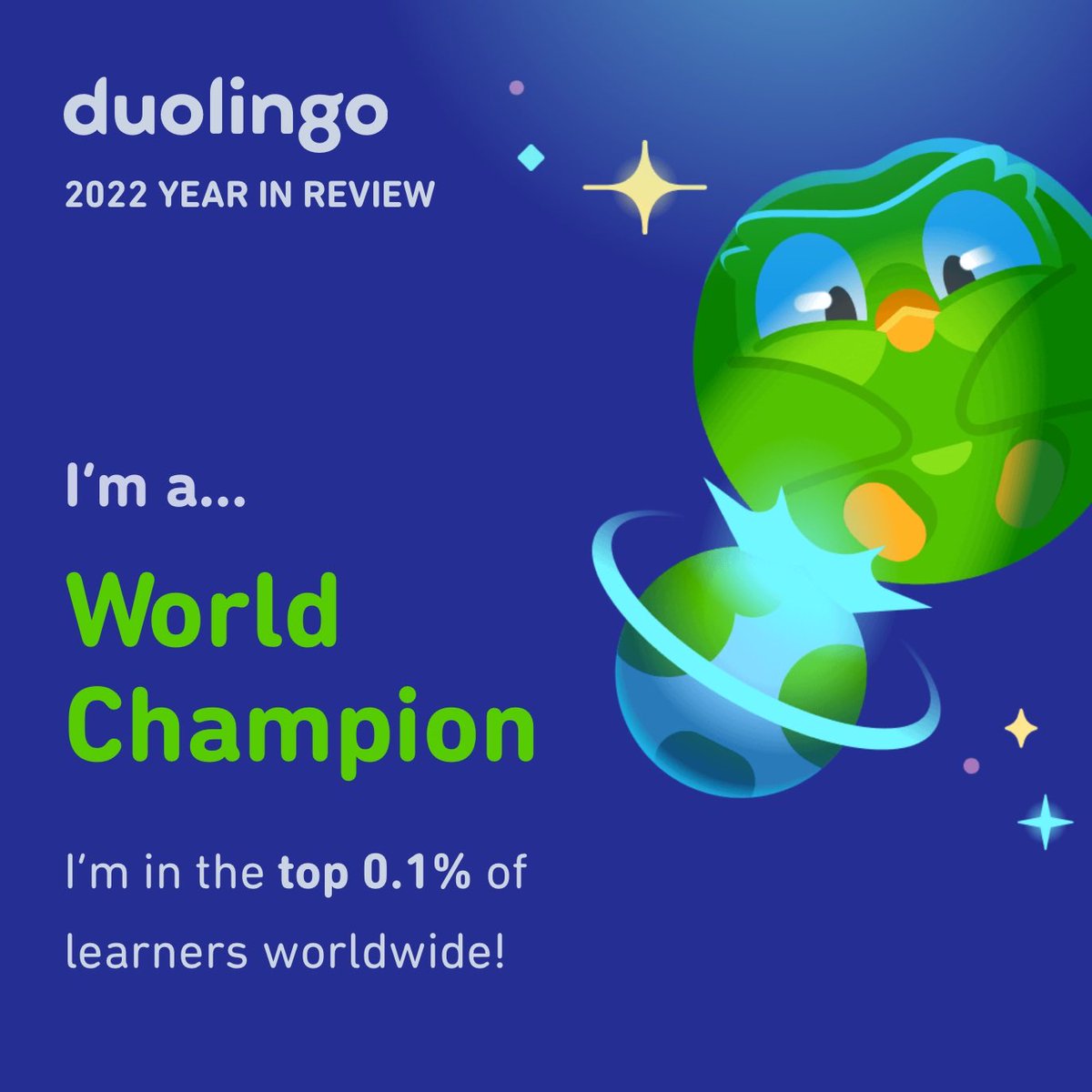 PaulaWritings's tweet photo. I’m a World Champion! What’s your Duolingo learner style? #Duolingo365 https://t.co/Exstzvg9AV