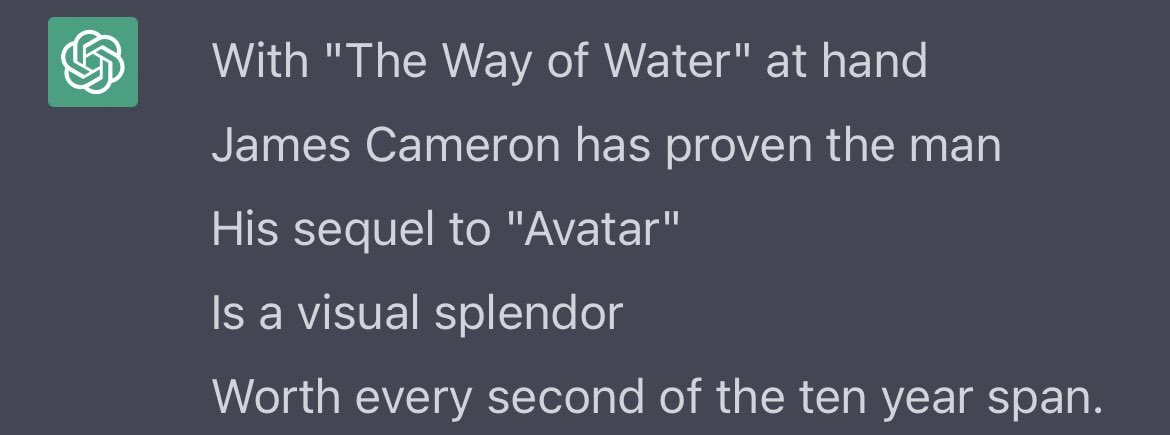 cullens's tweet photo. @jeffcannata I went ahead and had ChatGPT write your Avatar2 limericks for you. They’re not too bad! @thefilmcastpod @davechensky @Devindra https://t.co/9BwIqJj8XQ