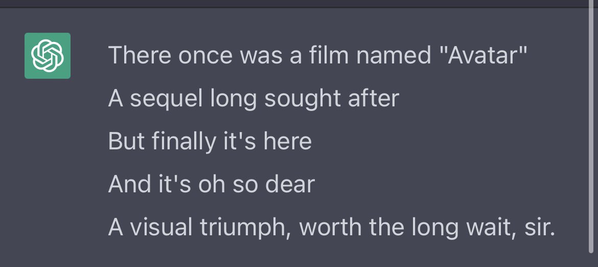 cullens's tweet photo. @jeffcannata I went ahead and had ChatGPT write your Avatar2 limericks for you. They’re not too bad! @thefilmcastpod @davechensky @Devindra https://t.co/9BwIqJj8XQ