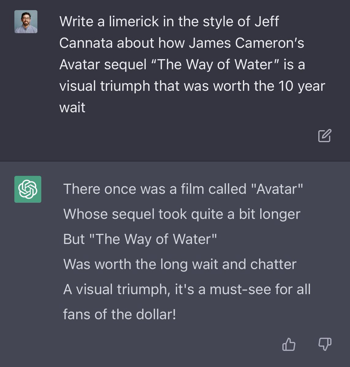 cullens's tweet photo. @jeffcannata I went ahead and had ChatGPT write your Avatar2 limericks for you. They’re not too bad! @thefilmcastpod @davechensky @Devindra https://t.co/9BwIqJj8XQ