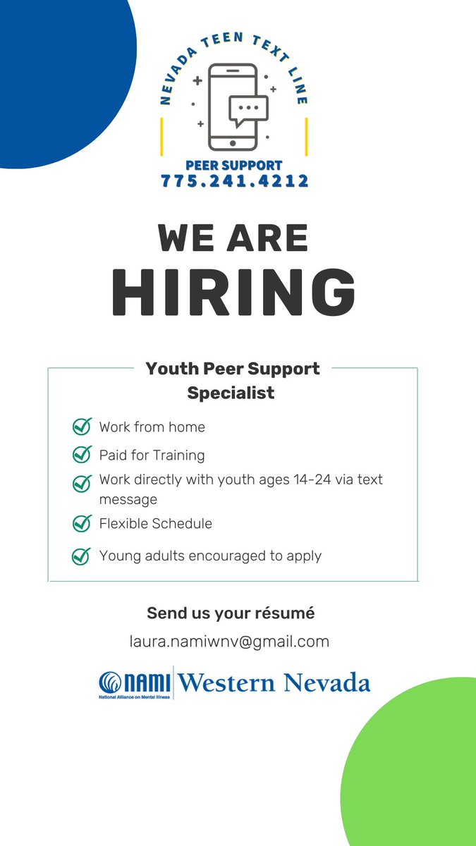 NAMI_Nv's tweet image. Want to help your community? Reminder, NAMI Western Nevada is hiring for Youth Peer Support Specialists. Send your resume to laura.namiwnv@gmail.com. 

#peersupport #textline #teenmentalhealth #peerspecialist #volunteer