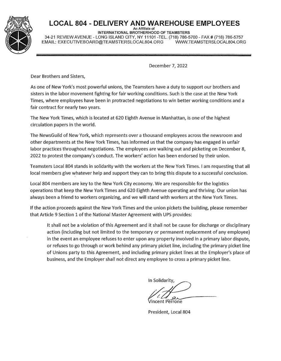 Teamsters 804 stands in solidarity with workers at <a href="/nytimes/">The New York Times</a>. Thank you <a href="/804_local/">Teamsters Local 804</a> for always standing with workers and respecting our picket line! 

“We are responsible for the logistics operations that keep the New York Times and 620 Eight Avenue operating and thriving.”