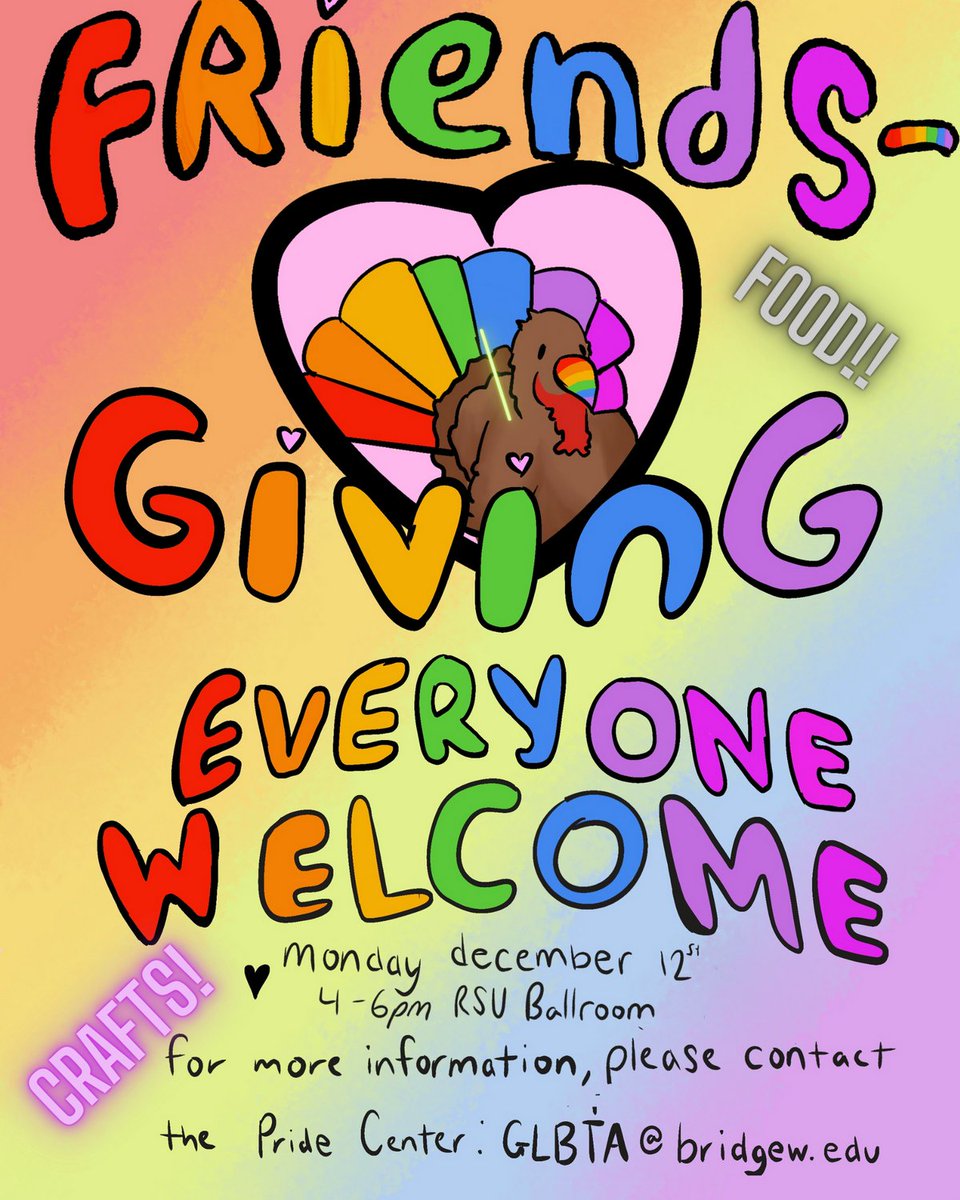 BSUPrideCenter's tweet photo. Join the Lavender LLC and the Pride Center for FriendsGiving! Celebrate the holidays with your chosen BSU family! You can even make a craft to give as a gift (or to keep) while you enjoy some holiday comfort food!
#bridgewaterstateu #thisisbsu #bsulgbtq #bsupride https://t.co/KbT9EGiEnI
