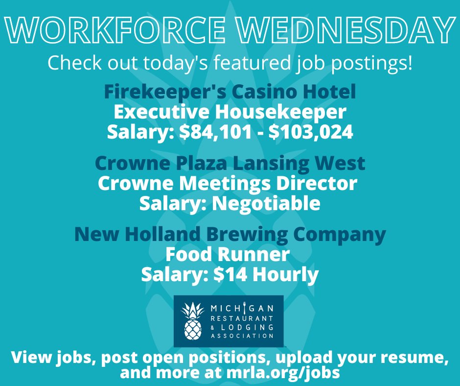 TheOfficialMRLA's tweet photo. It's #WorkforceWednesday, and Michigan's hospitality industry is hiring! Each week, we highlight career opportunities across the state for those seeking employment.
Members have FREE and unlimited access to post openings!➡️ https://t.co/agrA5J3FDE
#ValueVisionVoice https://t.co/ghGVQnEYe2