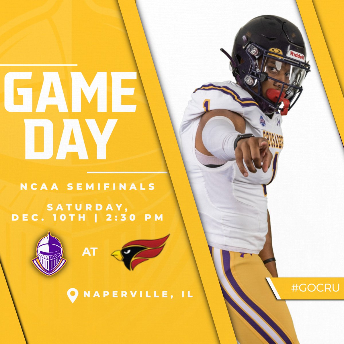 ⚡️NCAA SEMIFINALS⚡️

🏈| North Central College
📍 | Naperville, IL
⏰ | 2:30 PM (CT)
📶 | ncaa.com/game/6079926
🎙 | listen.streamon.fm/klrkam
📺 | ESPN+

#gocru