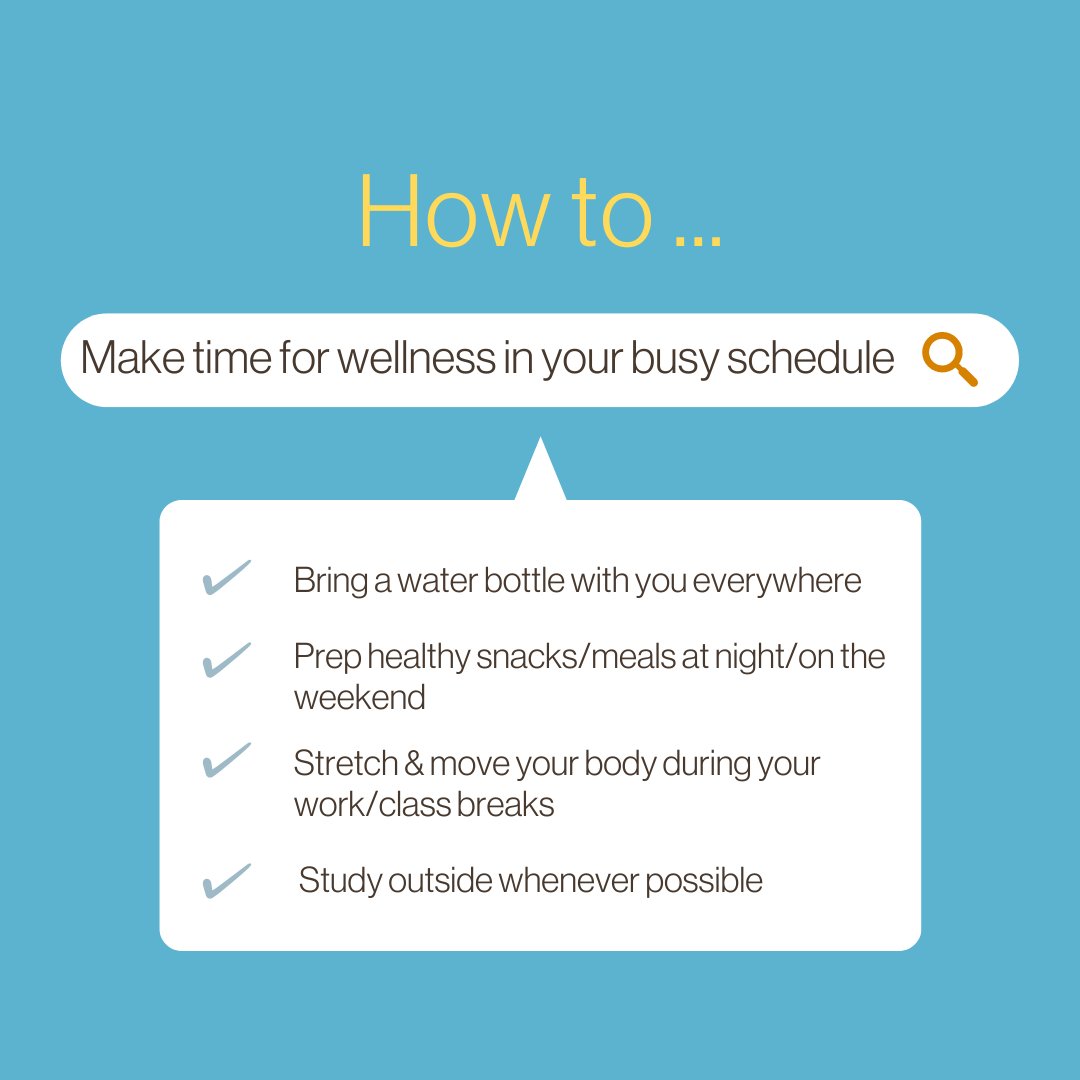 SamuelMerrittU's tweet photo. Making time for wellness as a busy student can be difficult — even though it is essential. 💙
Here are some easy and simple ways to introduce more wellness into your schedule!
#SMU #SamuelMerrittU https://t.co/cAYkp1Kpcj