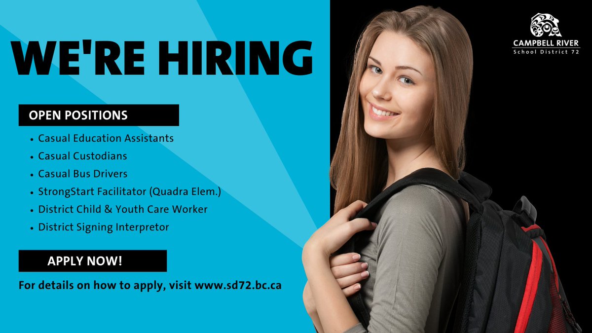 CRSD72's tweet photo. Come work with us! We are hiring for several positions across #CRSD72, including opportunities in Sayward and Cortes. Apply now! Learn more: https://t.co/7zojb7DwFX

#ChangingTidesGrowingMinds #hiring #careers #employment #campbellriver #quadraisland #saywardbc https://t.co/HCpNJlQhnC