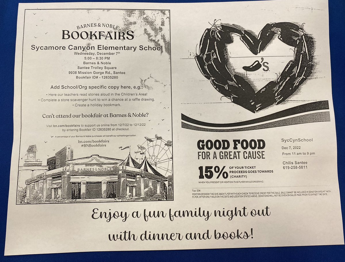 Come and join us tonight at Barnes and Noble and/or Chili’s. Both locations are donating a percentage of your purchases back to Sycamore Canyon. Feel free to share the flyer with anyone you know. We look forward to seeing you tonight! <a href="/SSDKristin/">Kristin Baranski, Ed.D</a>