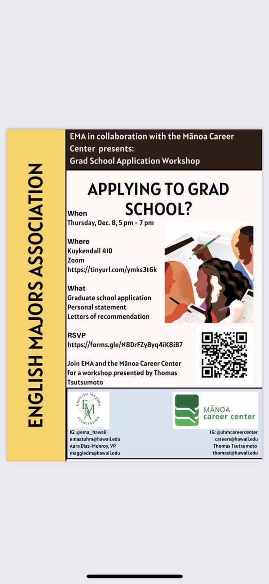 Attention English majors and minors! ⚠️ Thinking about applying to graduate school? Come join the EMA for a grad application workshop tomorrow from 5:00pm-7:00pm!