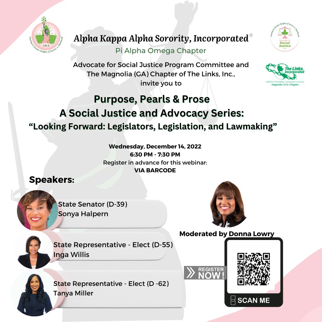 PiAlphaOmega85's tweet image. Join @pialphaomega85 &amp;amp; @magnolialinksinc Wed. 12/14 @ 6:30 p.m. - “Looking Forward: Legislators,Legislation,and,Lawmaking” w/ StateSenator @sonya4ga, State Rep. Elect @Tanyaforgeorgia &amp;amp; State Rep.-Elect @willisforga Moderated by @donnalowrynews - Register rb.gy/olkie8