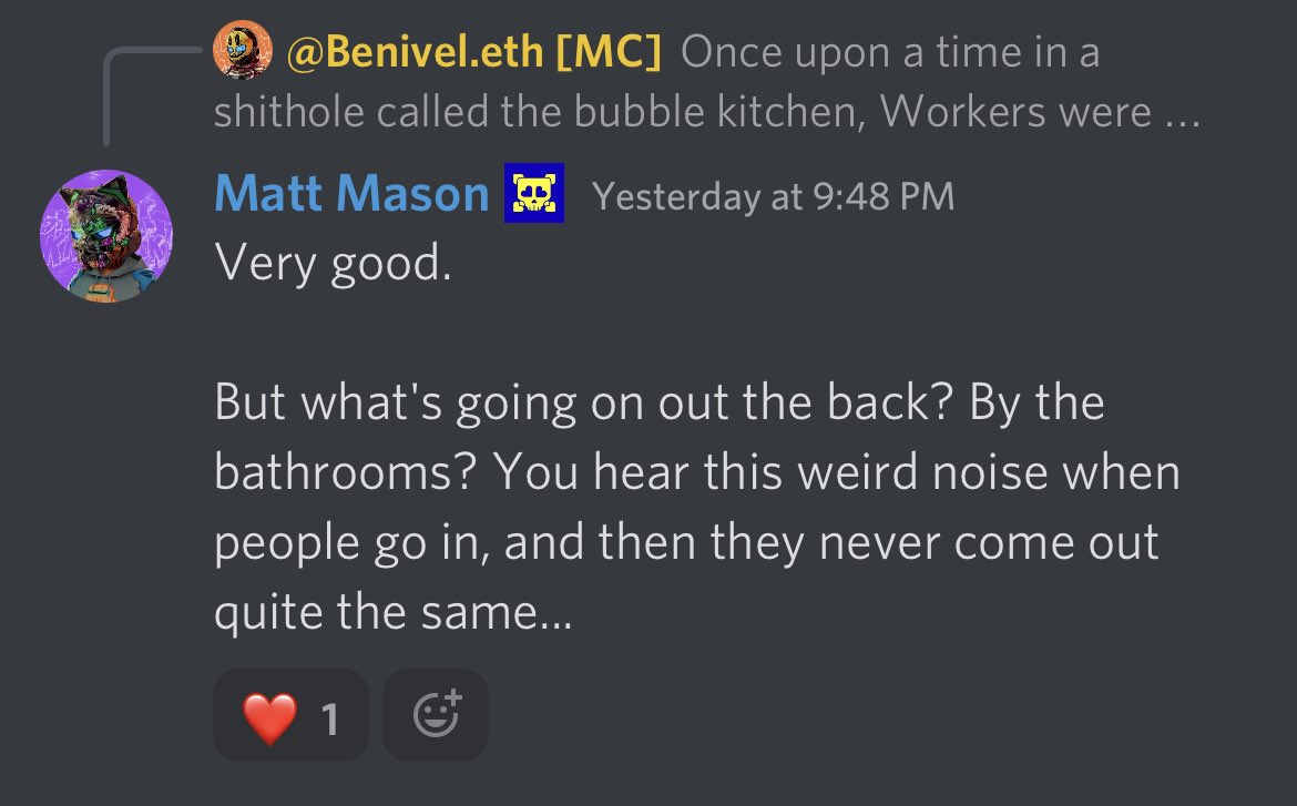 Keps3999's tweet photo. A thundering speech of @BenivelNft on #workerrights improvements at #bubblekitchen was interrupted by @MattMason, employee of #advancedbasics. What happens in the bathroom usually stays there, but what happened to the people walking out of these?

@BroadsideNFT #StorytellingNFT https://t.co/cG7PUGOotd