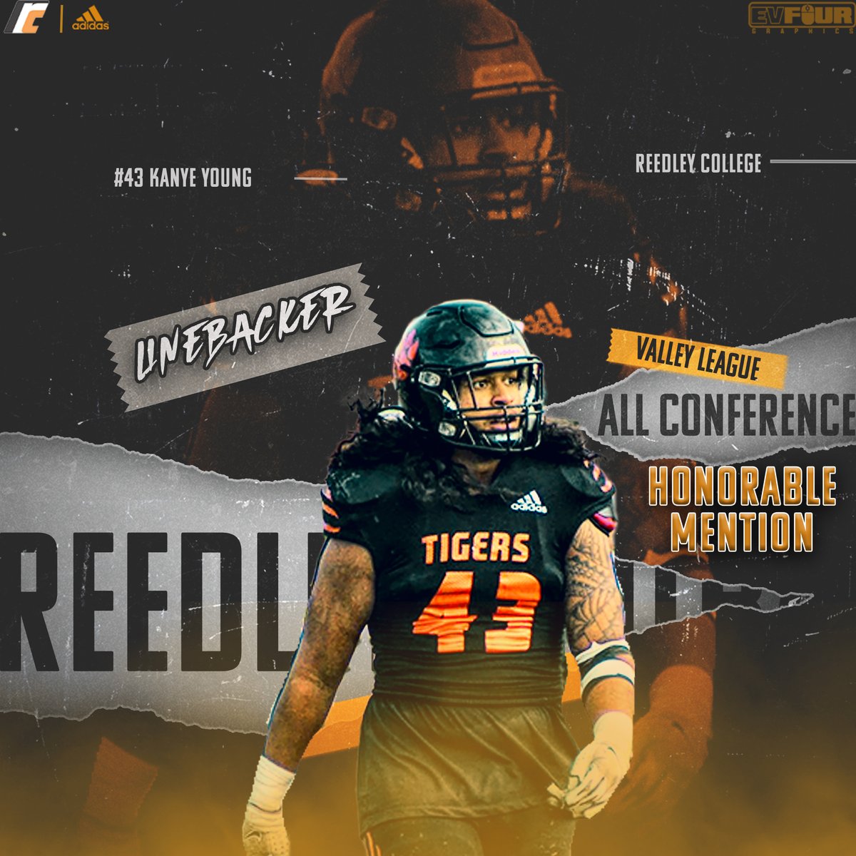 Congratulations <a href="/Afa_tasi/">Kanye Young</a> on being named for Valley League honorable mention! <a href="/Pats_Athletics/">Patriot Athletics</a> <a href="/ReedleyCFB/">Reedley JC Football</a> <a href="/reedleycollege/">Reedley College</a> <a href="/Coach_Hart15/">Coach Hart</a> <a href="/CoachRKeene/">Coach Keene</a> <a href="/EV4Graphics/">Coach KIKI - EV4Graphics</a>