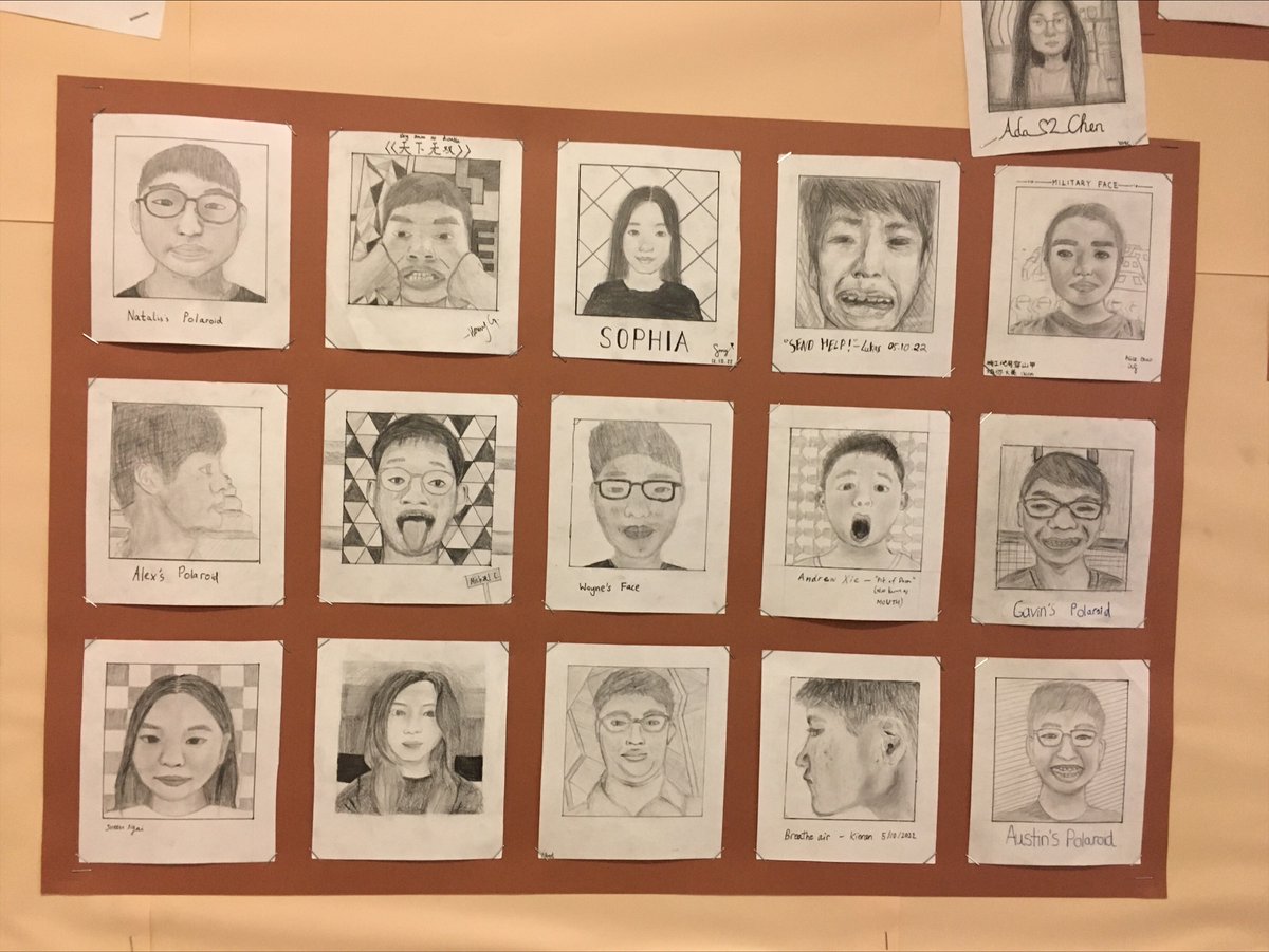 EmilyHillVAEd's tweet photo. The final self portraits that the Year 9's created using their new knowledge of proportional rules. We put them in Polaroid format and asked them to sign their work to create a more fun format for their portraits. #arteducation #hongkong #secondaryart https://t.co/q4T48xen2F