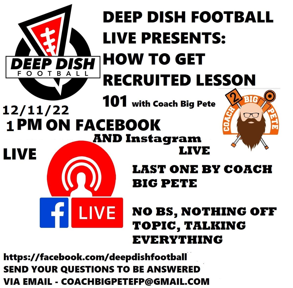 DEEP DISH FOOTBALL (@DeepDishFB) on Twitter photo 2022-12-08 00:32:00 This Sunday 1pm LAST ONE LINK: fb.me/e/4U4yxccjk Still taking questions via email to be read on air- coachbigpetefp@gmail.com This Sunday 1pm LAST ONE LINK: fb.me/e/4U4yxccjk Still taking questions via email to be read on air- coachbigpetefp@gmail.com