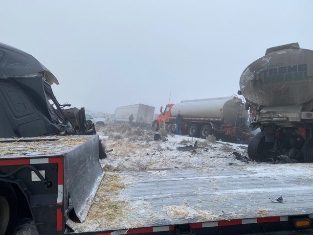 JeremyHarrisTV's tweet photo. UPDATE: The total of involved vehicles has now gone up to 38 (omg). 20 cars, 18 semi trucks. Troopers say the pile-up started when a car lost control and came to rest blocking both EB lanes. I-90 was closed for 10 hours. Watch for my story at 6: https://t.co/WQjF17F5zU @komonews https://t.co/7elNfuNYNQ