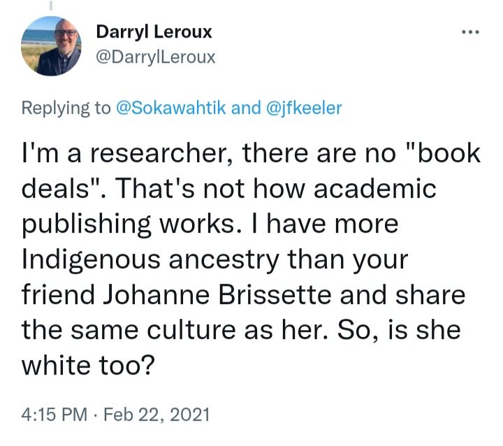 LADYALEXANDRIA's tweet photo. @malone_j71 @disesdi Seems #DarrylLeroux can't keep his shit straight, 1st he is #Indigenous, then he has same #Ancestry as #EasternMetis. HIS WORDS. https://t.co/QycfhdngQk