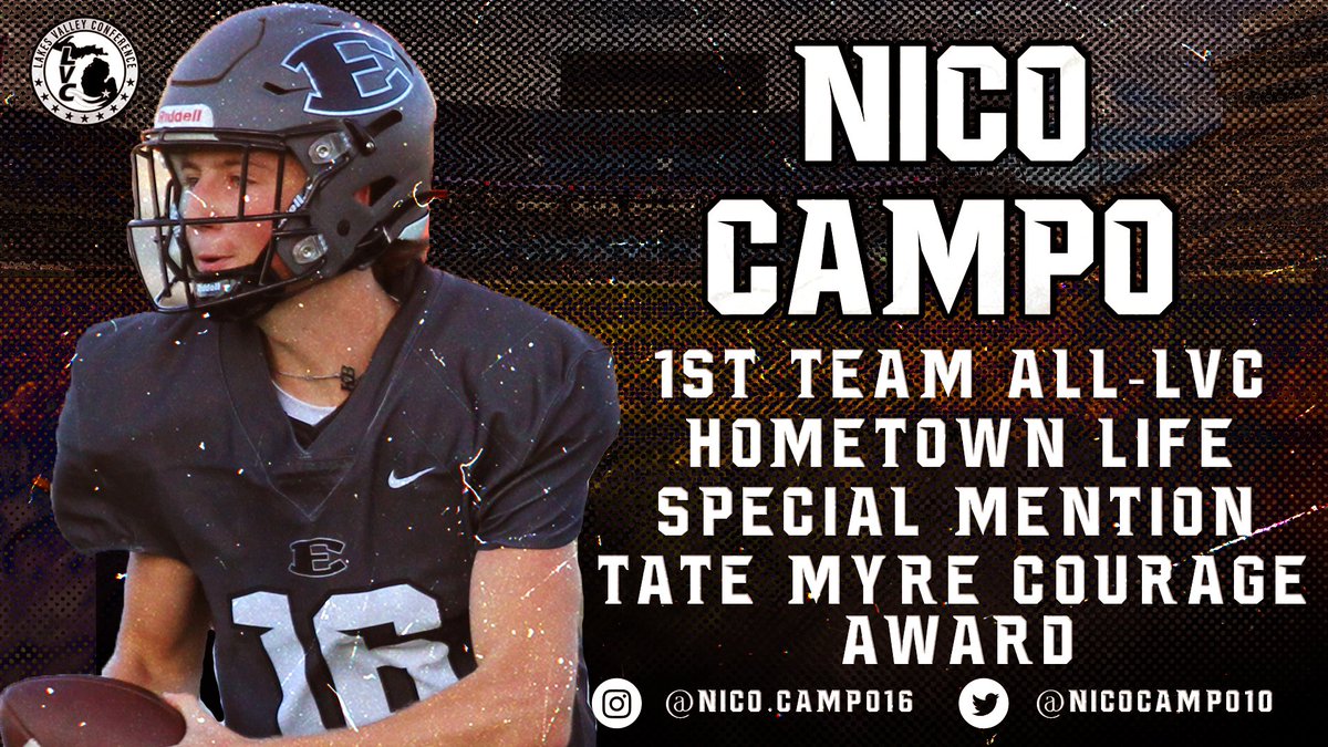 Nico Campo (<a href="/NicoCampo10/">Nico Campo</a>) received 1st Team All-<a href="/LakesVC/">Lakes Valley Conf.</a> honors, <a href="/HTLsports/">Hometown Life Sports</a> Special Mention, and was the recipient of the <a href="/HTLsports/">Hometown Life Sports</a> Tate Myre Courage Award. Nico finished with the best completion percentage in <a href="/SouthLyonEastHS/">South Lyon East HS</a> history! 

#BeEAST | <a href="/CoachToppSLEHS/">Jacob Topp</a>