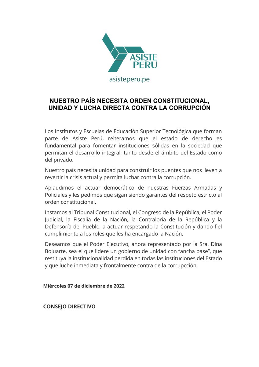 AsistePeru's tweet photo. #Comunicado de @AsistePeru: NUESTRO PAÍS NECESITA ORDEN CONSTITUCIONAL, UNIDAD Y LUCHA DIRECTA CONTRA LA CORRUPCIÓN. https://t.co/zproTmph3Z