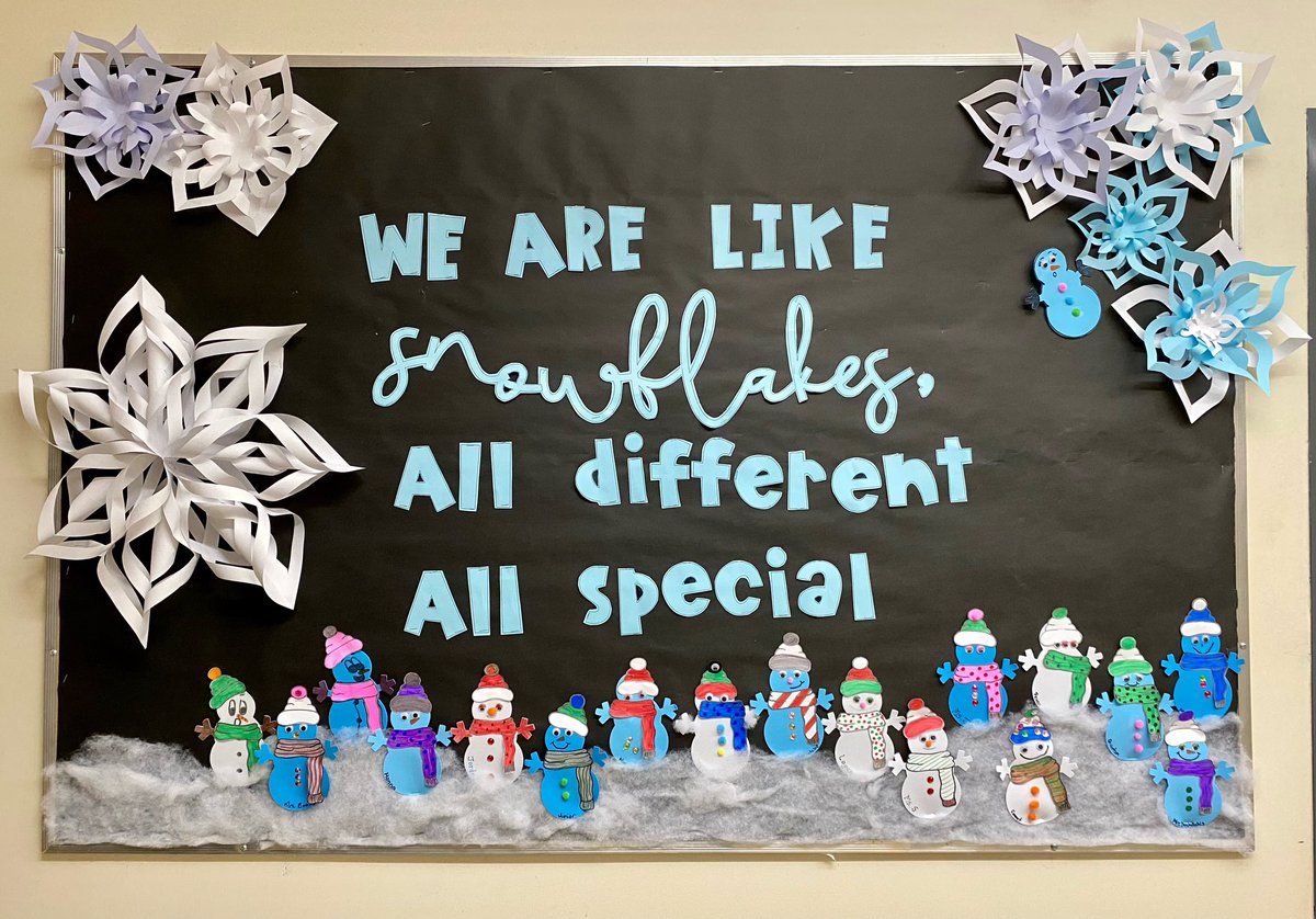 MrsDuic's tweet photo. Snow much fun updating our bulletin board with our class ❄️ and @Gainsclassroom @JenDaskalakis joined in!! Special thanks to @MissSanford674 for her snowflake making skills ❄️💙 @JohnCampbellPS https://t.co/MPmycxHfop