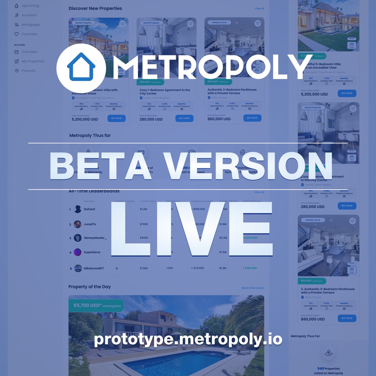 metropoly_io's tweet photo. 🚀🔥 BETA SITE IS LIVE🔥 🚀

The wait is over and Metropoly Beta Site is live now 🤩

Gear up for an era of unprecedented growth in real estate with Metropoly and gain huge profits. 🤩

Visit the prototype now 👇
📍 https://t.co/tpOwICvgol

#realestate #realestatenft #blockchain https://t.co/ctrzsoxkL5
