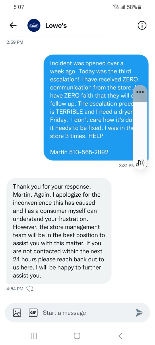 MFPG31's tweet photo. @Lowes @MarvinREllison 

I was excited to actually get a quick response, but got more of the same canned response management at the store will contact me in 24 hours. About the 8th time in 2 weeks I have been told that.
You guys are horrible! https://t.co/sO1wMztILc