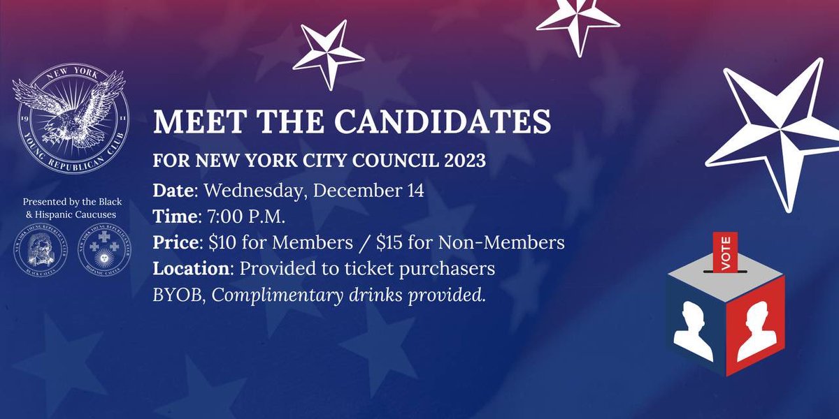 Please join us and the @nyyrc_hispanic Caucus next Wednesday as we host potential candidates for NY City Council.   Details are at the link below.

eventbrite.com/e/480082348227

#nyc #nycitycouncil