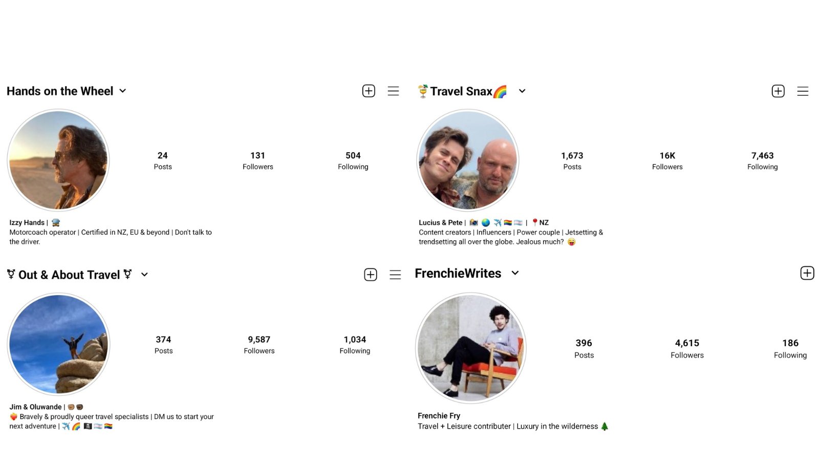 Instagram images for Izzy, Lucius and Pete, Oluwande and Jim, Frenchie