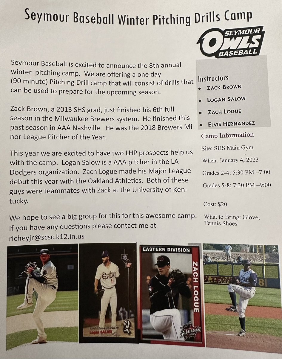 Seymour Baseball Winter Pitching Camp

Wednesday January 4th
Seymour High School
Instructors
Elvis Hernandez
<a href="/ZBrown__33/">Zack Brown</a> 
<a href="/LoganSalow28/">Logan Salow</a> 
<a href="/ZLogue_17/">Zach Logue</a>