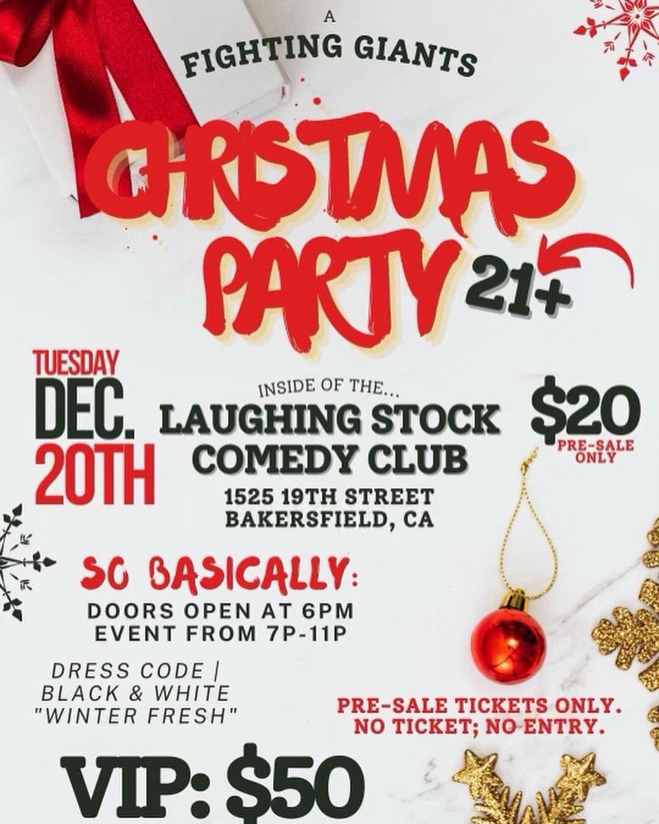 FightingGiantsC's tweet photo. Less than 2 weeks away! Get you tickets now!! 💯 There will be NO tickets sold at the door! Get your tickets and have some grown &amp; sexy fun with us!! 🤙 

https://t.co/cSkdBUvXgX

#ItsStartingToLookALotLikeChristmas #FightingGiants #VipTickets #DefeatTheUndefeated #IssaParty https://t.co/cTHPHArRrB
