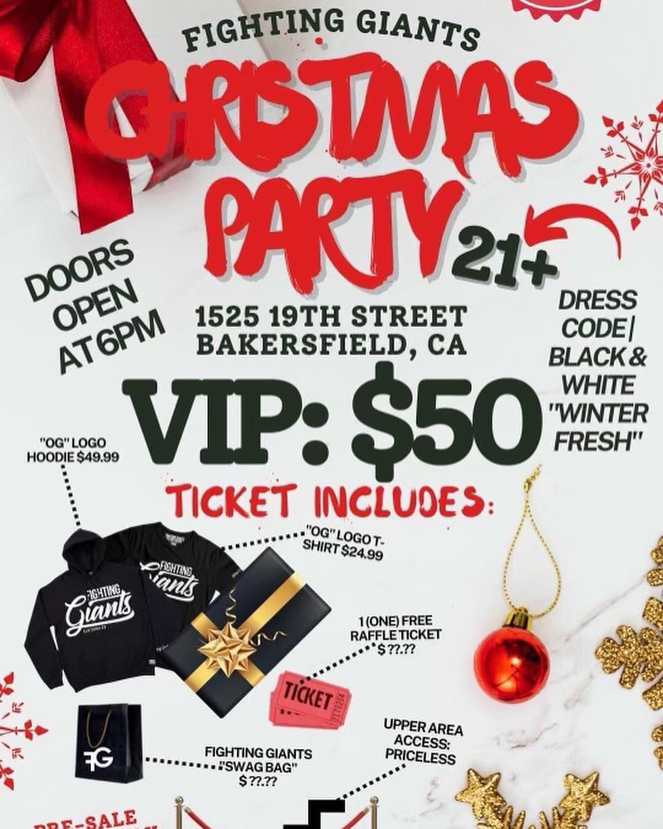FightingGiantsC's tweet photo. Less than 2 weeks away! Get you tickets now!! 💯 There will be NO tickets sold at the door! Get your tickets and have some grown &amp; sexy fun with us!! 🤙 

https://t.co/cSkdBUvXgX

#ItsStartingToLookALotLikeChristmas #FightingGiants #VipTickets #DefeatTheUndefeated #IssaParty https://t.co/cTHPHArRrB