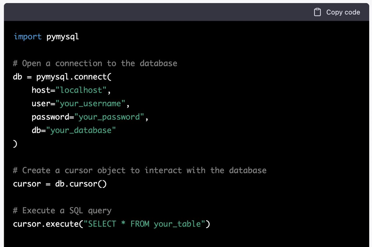 LearnOceanBase's tweet photo. #PythonwithOceanbase
To connect to OceanBase🌊 from Python🐍, you need a database driver, such as PyMySQL. 

This library allows you to interact with your OceanBase database using Python.

👉🏻Give PyMySQL a try https://t.co/7Zp99sCJNe

#python #oceanbase #pymysql https://t.co/SaCBoCco3H
