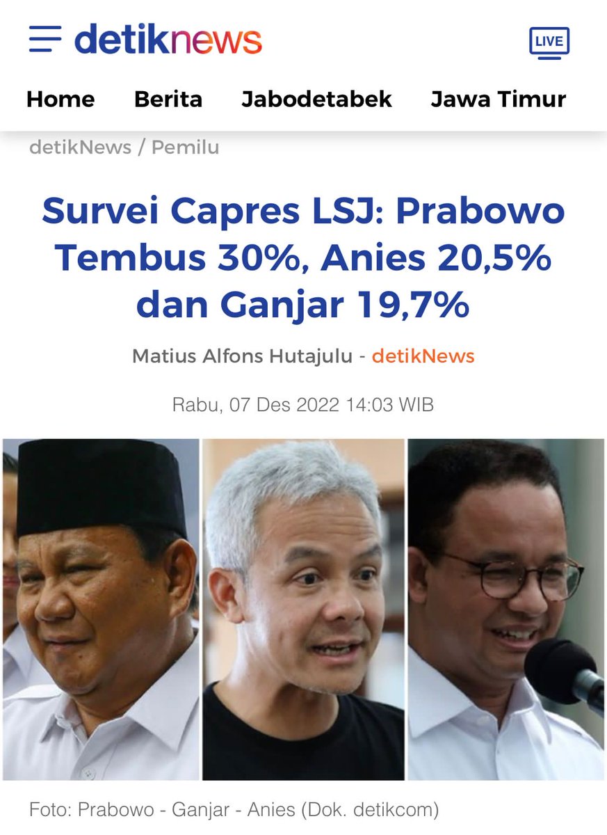 Survei capres LSJ Prabowo tembus 30% Anies 20,5% dan Ganjar 19,7%

<a href="/prabowo/">Prabowo Subianto</a> <a href="/Gerindra/">Partai Gerindra</a>
Kerja Untuk Bangsa
Indonesia Terus Maju
Lebih Baik Prabowo