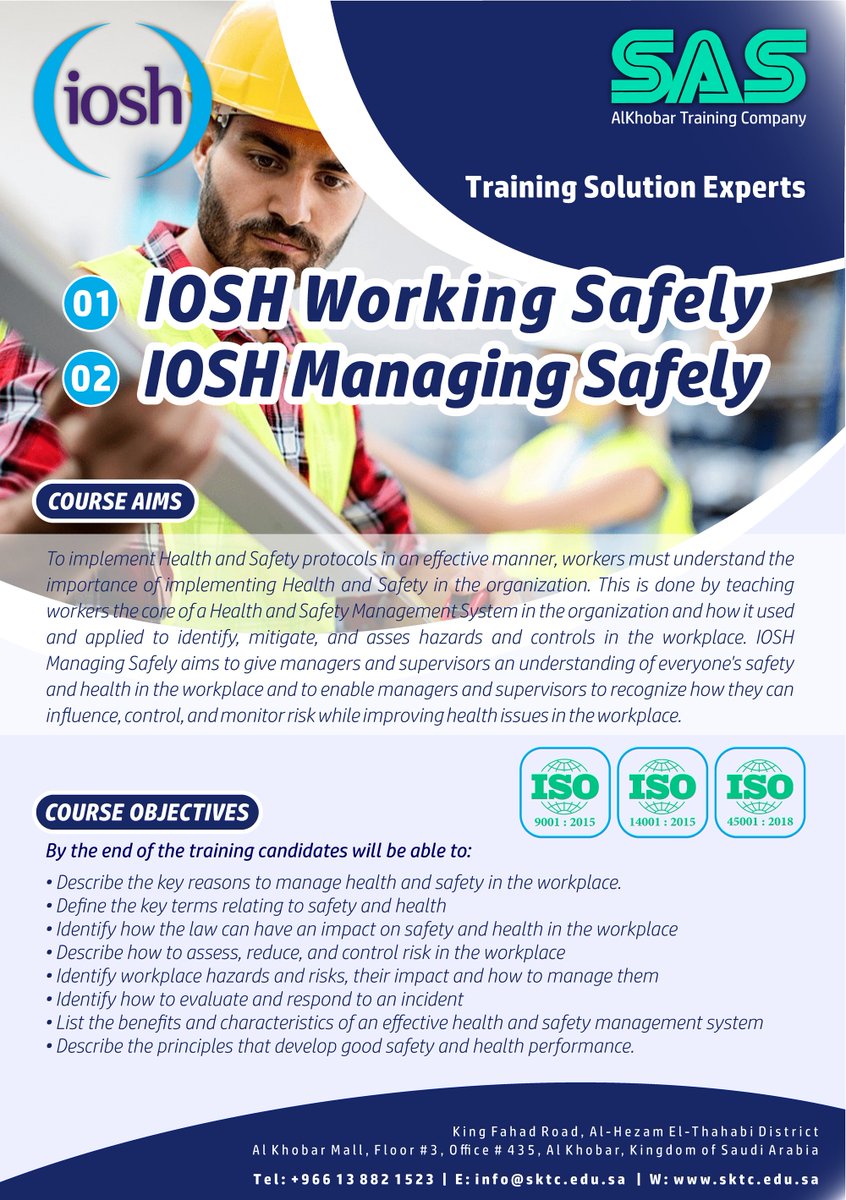 SKTC_edu_sa's tweet photo. Great Opportunity
book your seat
25 % Discount for IOSH Course
Session Every Week🕛
For registration:
Call us 📞 
T: +966 555603126 - +966 504302484
#iosh #safety #SAS #sale #DECEMBER2022 #courses #training #KSA #alkhobar_mall #alkhobar #ISO9001 #ISO14001 #ISO45001 https://t.co/tjEQbg9AYd
