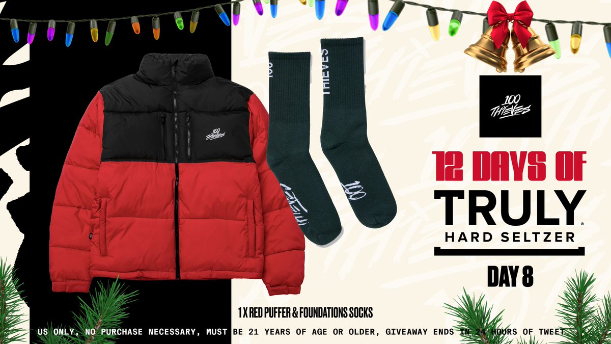 As part of 12 Days of Truly, we are giving away one 100T Red Puffer and Foundations Socks! TO ENTER: - Follow @100Thieves & @Trulyseltzer - Like & RT - Comment #100T Rules:bit.ly/12daysofTruly8 *No purchase necessary must be 21+ & US only, closes at 11:59PM 12.8