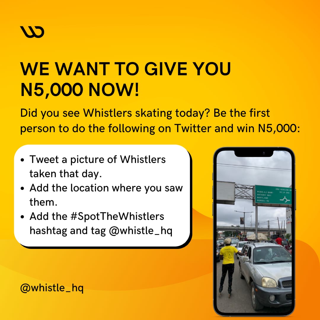whistle_hq's tweet photo. DAILY GIVEAWAY!
We've got some Skaters around Lagos in yellow Whistle-branded shirts. You can win N5,000 daily from now till Wednesday 21st December.
Follow the instructions on the artwork to join the challenge #SpotTheWhistlers https://t.co/zNG4s3EO6v