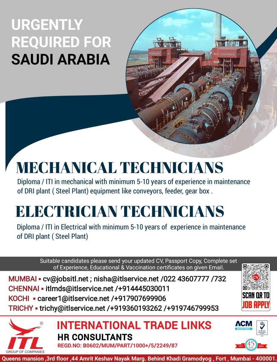 ItlJobs's tweet photo. JOB VACANCY FOR #saudiarabia
CLICK ON LINK TO APPLY JOB > https://t.co/t4H7Iy9eMZ
Learn more
https://t.co/Q5kFvS2GPq
#mechanical #technicians #electrical #dri #plant #steelplant #conveyor #feeder #gearbox #maintenance #saudijobseeker #saudijobs #saudivacancy #gulfjobs https://t.co/IjpmD6nhkf