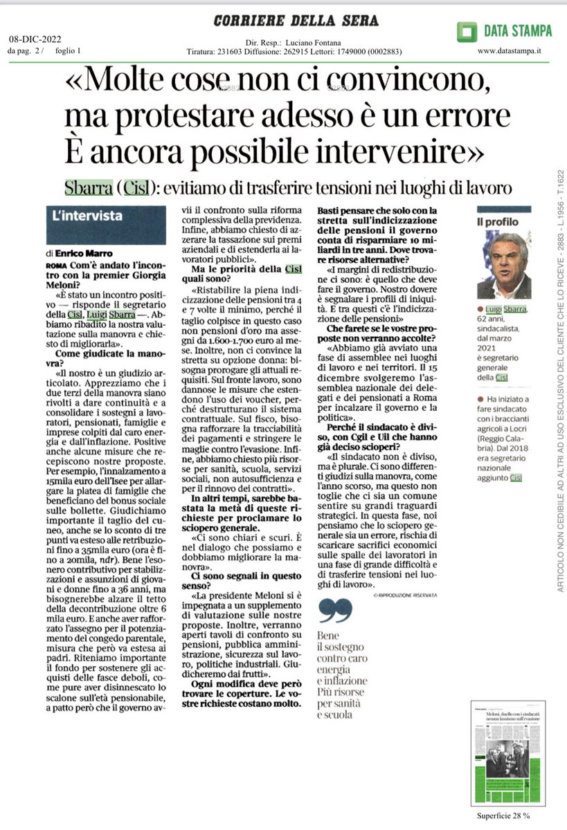 CislNazionale's tweet photo. “Il presidente Meloni si è impegnata a un supplemento di valutazione sulle nostre proposte. Pensiamo che lo sciopero sia un errore, rischia di scaricare sacrifici sulle spalle dei lavoratori in una fase di grande difficoltà”: #LuigiSbarra sul Corriere della sera dell’ #8dicembre https://t.co/g0AtrZOgRo
