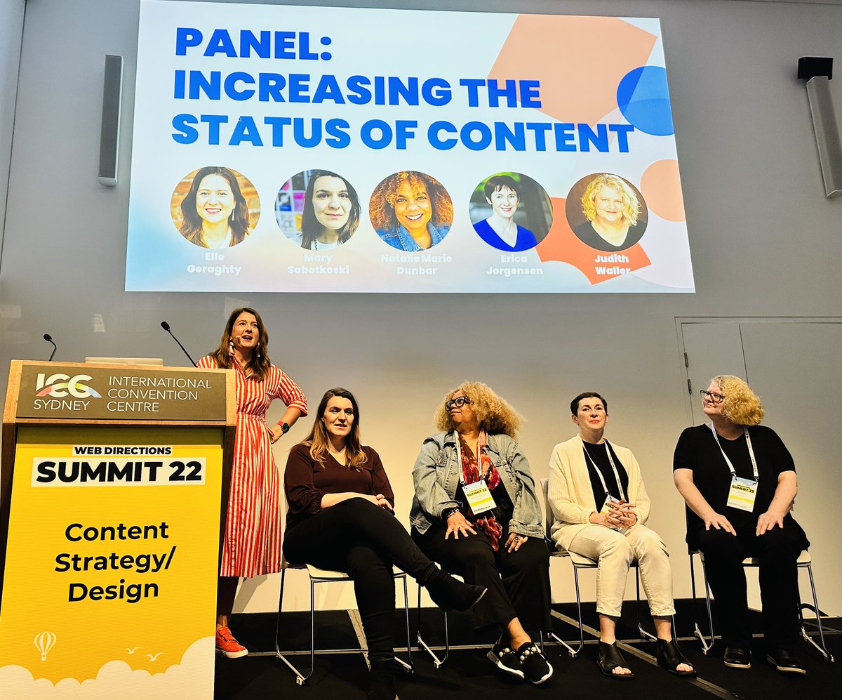 Had to make scheduling changes in the content track for <a href="/webdirections/">Web Directions</a> last week, resulting in the most epic panel on the status of content work. We talked about politics, power and gender. Thanks heaps <a href="/JorgensenErica/">Erica Jorgensen</a>, <a href="/TheLiterati/">Natalie M. Dunbar, UX Content Strategist (she/her)</a>, <a href="/JudeWaller/">Judith Waller</a> and <a href="/msabotkoski/">Mary Sabotkoski</a>  📷<a href="/robynball/">Robyn Ball</a> 🙏