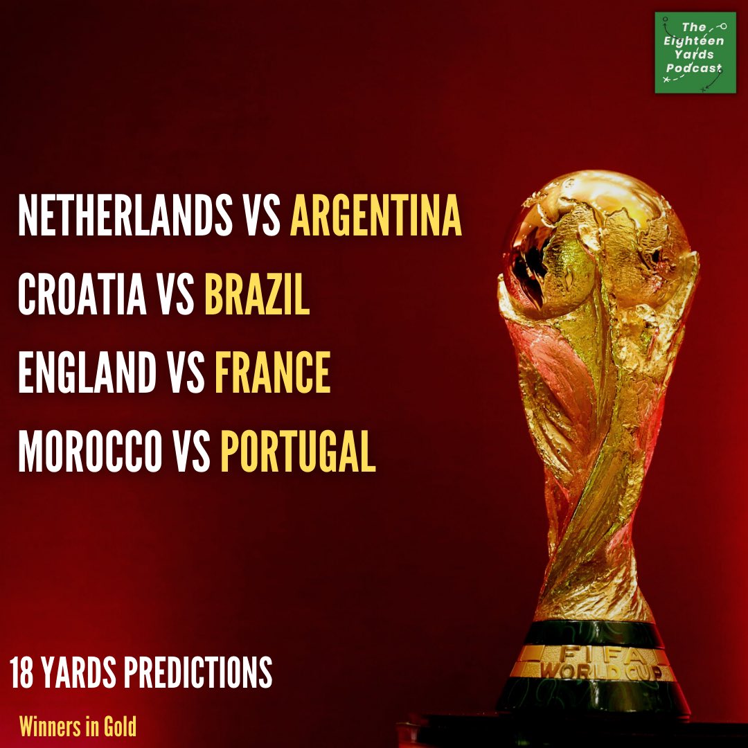 18yardspod's tweet photo. 8 teams left. 8 games to go. We’re at the business end of the Greatest Show on Earth! 

Have a listen to our predictions for these mouthwatering Quarter-final games! 

Click on the link in our bio for an amazing podcast experience! 

#FIFAWorldCup https://t.co/BNBZjdG34S