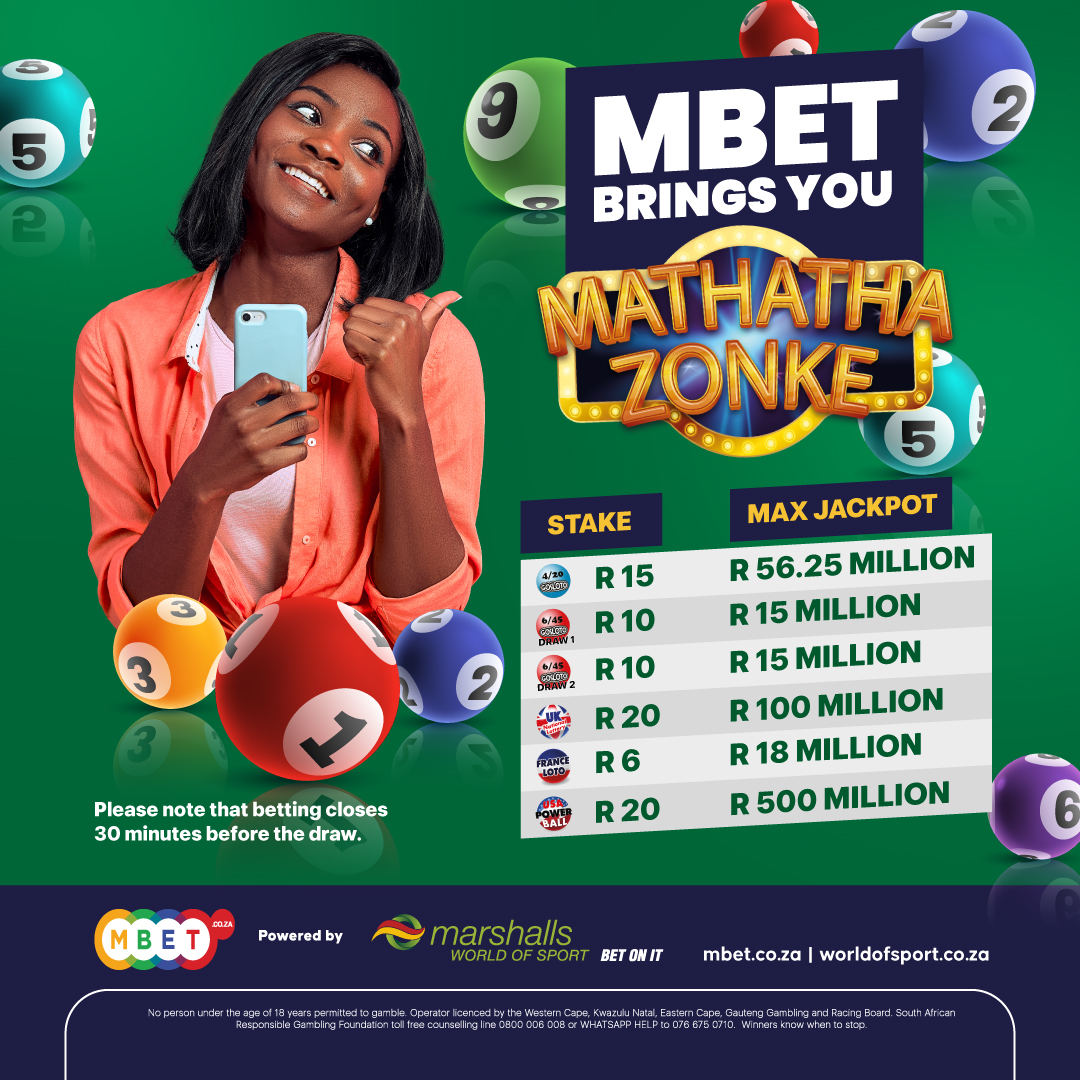 MBet_Bet_On_It's tweet photo. 💰Win BIG with MATHATHA ZONKE!🎉
🤩Stand a chance to win up to R500 MILLION with various Lotto Jackpots!💰💰🥳
Play Here: https://t.co/nEI7nxRwec
#MathathaZonke #Mbet https://t.co/3yv4d8LBhY