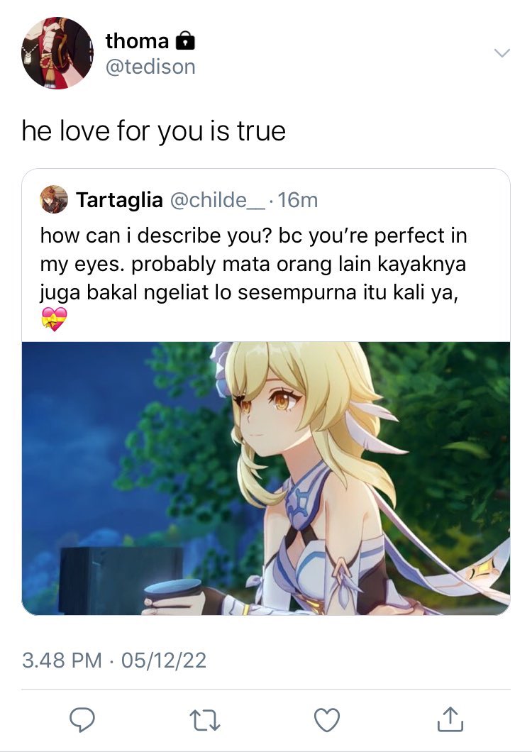 slamdfunk's tweet photo. not a love triangle 

chilumi, thomalumi
—— Genshin Impact AU. https://t.co/xv6zVylzcY