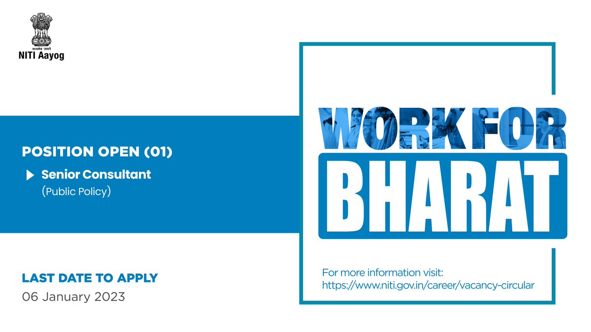 NITIAayog's tweet photo. 📢 #NITIAayog is hiring now!
We are inviting applications for the post of:
▶️ 𝐒𝐞𝐧𝐢𝐨𝐫 𝐂𝐨𝐧𝐬𝐮𝐥𝐭𝐚𝐧𝐭 (𝐏𝐮𝐛𝐥𝐢𝐜 𝐏𝐨𝐥𝐢𝐜𝐲)◀️
#WorkForBharat🇮🇳 and contribute to India's transformational journey!
🗓️ Apply by: 6th January 2023
🔗 Visit: https://t.co/B4hHhn4ef5 https://t.co/nJPNyPBSCz