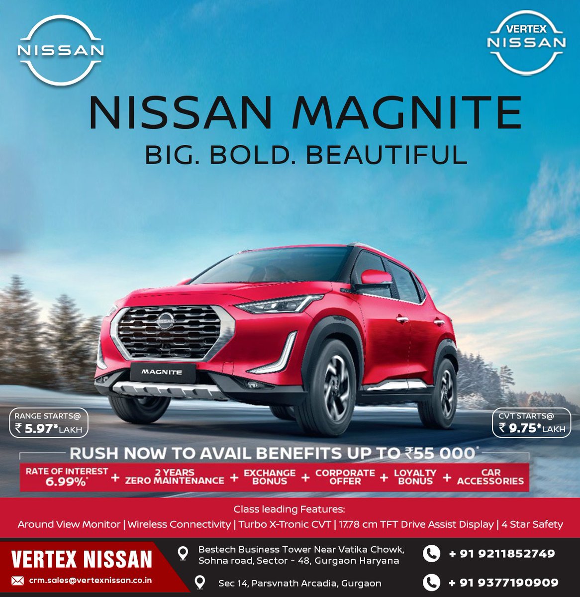 VertexNissan's tweet photo. #NissanMagnite🚗 
Experience the attractive Japanese Engineering with the big, bold and beautiful SUV.
Class-leading features, Such as...
• Most powerful Turbo Engine
• Most advanced HRAO X-Tronic CVT
• 4 Star safety rating
.
👉 Book yours now &amp; Avail benefits upto ₹ 55,000* https://t.co/Rze8uUhssU