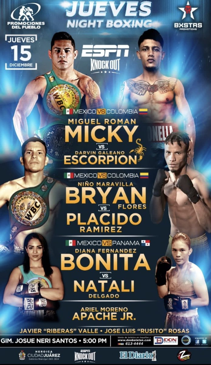 LatinKOprom's tweet photo. 📅 Jueves 15/dic

🥊#Micky' Román 🇲🇽 vs 🇨🇴 #Escorpion
🥊@BryanRobertoFl1 🇲🇽 vs 🇨🇴 Ramírez
🥊@DianaBoxbonita 🇲🇽 vs 🇵🇦 Delgado
🥊#ApacheMoreno Jr. 
🥊#RusitoRosas
🥊#RiverasValle

🏟️ Gym Neri Santos 
📺 @espnknockout  @ProBox_TV

@MunicipioJuarez @CruzPerzCuellar
@bxstrs
@oskuchle https://t.co/czmN9gDqVO