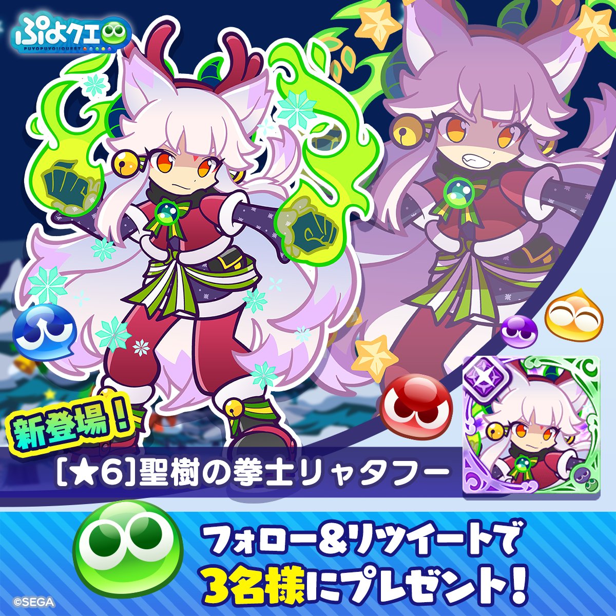 puyoquest's tweet photo. ／
クリスマスアビリティガチャ開催記念キャンペーン🎄🎊
＼

フォロー＆RTで応募しよう！
抽選で3名様に、新キャラクター【[★6]聖樹の拳士リャタフー】をプレゼント🎁🎅

画像スクロールでスキル紹介もチェック➡️

応募期限⏰
12/11(月)23:59まで

#ぷよクエ